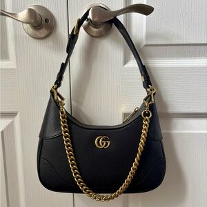 Designer Inspired G G Black Shoulder Bag with Gold Chain Aphrodite look alike